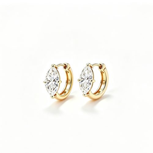 18K Gold Marquise‑Cut Lab‑Grown Diamond Huggie Earrings, 1CT Solitaire Minimalist Hoops for Daily Commute