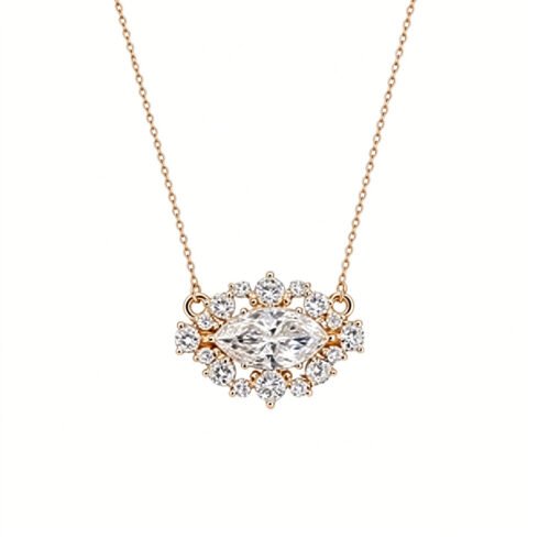 Vintage 18K gold necklace with 1.00ct marquise‑cut lab‑grown diamond halo. Exquisite mini‑crown clavicle chain for daily & party wear.