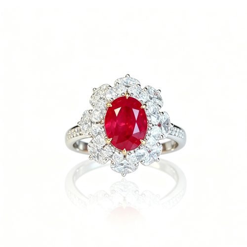 18K Gold 3.5ct Natural Oval Pigeon‑Blood Ruby Ring,4ct‑tw Lab‑Grown Diamond Floral‑Cluster Halo Luxury Women’s Ring