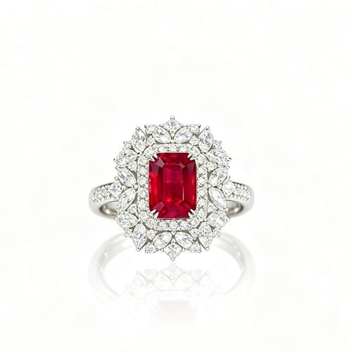 18K Gold 3ct Natural Unheated Ruby Ring | 2ct‑tw Lab‑Grown Diamond Vintage Double Halo Cocktail Ring