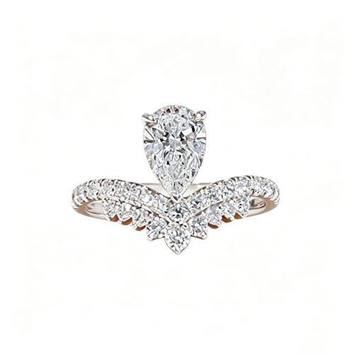 Unique V-crown double lace platinum ring with 1.50CT pear-cut lab-grown diamond. Elegant design for engagement and proposal.