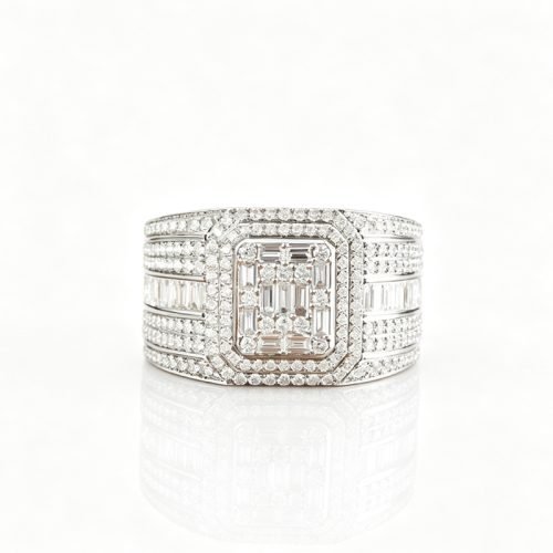 18K Gold Baguette Cluster Men’s Ring, 0.6ct Main Stone 0.8ct Side Stones, Wide Luxury Band for Banquet & Formal Occasions