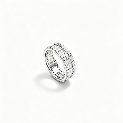 18K Gold Full‑Eternity Ring with Baguette Diamonds, 2.7ct Main Stone 0.6ct Side Stones, Unisex Luxury Band for Banquet Formal Occasions