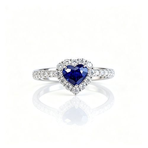 18K Gold 1.08ct Heart‑Cut Unheated Royal Blue Sapphire Ring, Lab‑Grown Diamond Halo for Date & Dinner