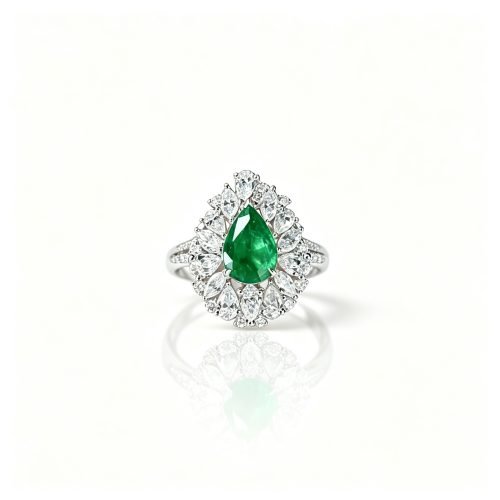 Solid 18K Gold 1.2ct Pear‑Cut Emerald Ring, Clean Vivid‑Green, 1.4ct Lab‑Diamond Halo, Convertible Ring‑Pendant for All Occasions