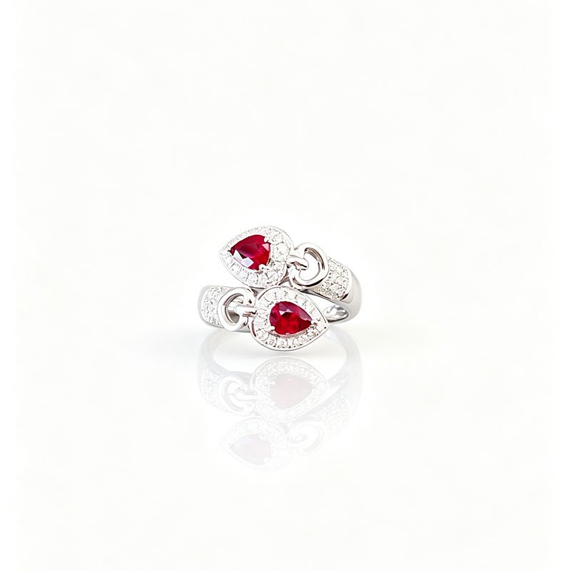 Pear‑Shape Ruby Bypass Ring Double Halo Diamond Interlocking Statement Ring