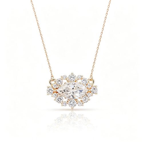 Vintage 18K gold necklace with 1ct marquise‑cut lab‑grown diamond halo. Exquisite mini‑crown clavicle chain for daily & party wear.