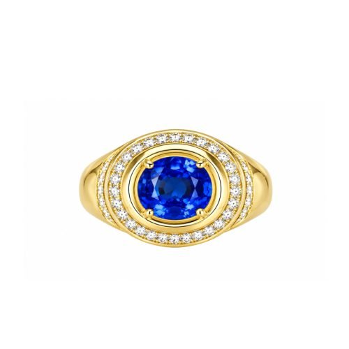 18K gold unisex ring with 1.7ct natural cornflower‑blue sapphire & 0.1ct accent stones. Elegant for formal banquets & special events.