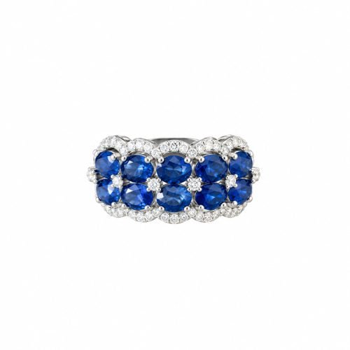 Double‑row ruby/sapphire wide band ring(2.30ct main stone,0.20ct TW diamond halo), glamorous statement ring for dinner parties & Christmas