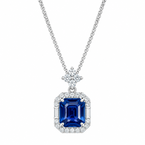 Solid 18K gold necklace with 2.00ct unheated Royal Blue sapphire, glass‑body, lab‑grown diamond halo, ideal for daily wear & gifting.