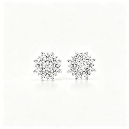 18K Gold Snowflake Lab‑Grown Diamond Stud Earrings,0.7CT Baguette Mixed Cut Starburst Earrings for Daily & Date Night
