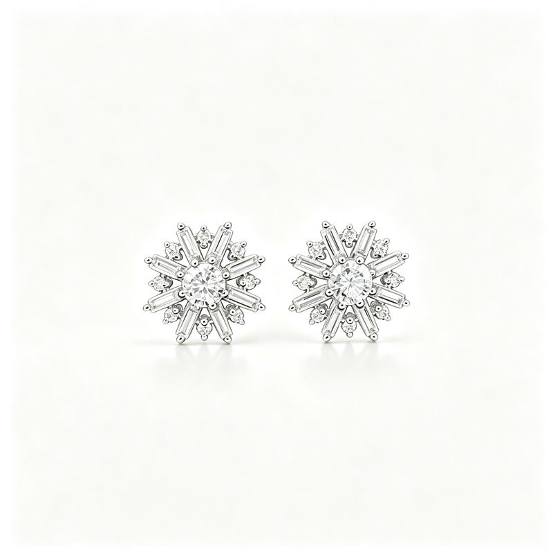 18K Gold Snowflake Lab‑Grown Diamond Stud Earrings,0.7CT Baguette Mixed Cut Starburst Earrings for Daily & Date Night