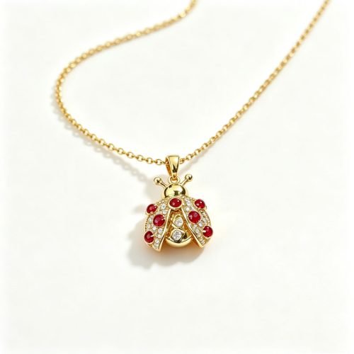 18K Gold Ladybug Pendant, 0.5CT Main Stone Natural Diamond Animal Jewelry