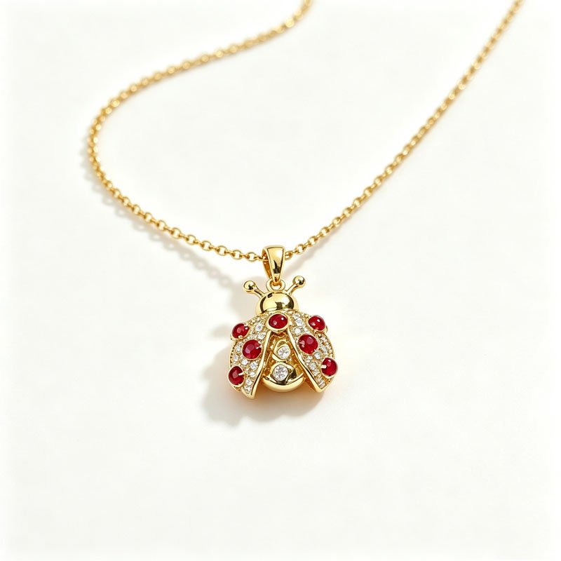 18K Gold Ladybug Pendant, 0.5CT Main Stone Natural Diamond Animal Jewelry