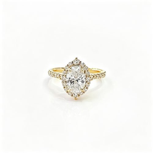 18K Gold Oval Lab‑Grown White Diamond Halo Ring, 1ct Center Stone 0.5ct Side Stones, Engagement & Anniversary Ring