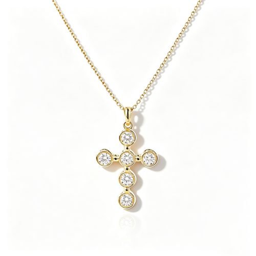 18K Gold Lab‑Grown Round Diamond Cross Necklace,1ct Total Accent Diamonds, Vintage Bezel‑Set Cross Pendant for Dinner & Anniversary