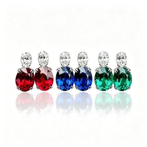 18K Gold Lab‑Grown Gemstone Drop Earrings Oval Ruby Sapphire Emerald Studs
