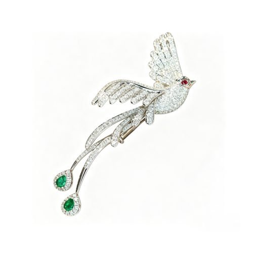18K gold phoenix convertible brooch with 0.7ct main stone & 0.1ct natural diamonds. Stunning piece for gifting & formal occasions.