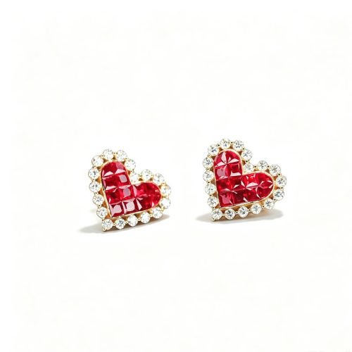 Gorgeous 18K Gold Heart Ruby Stud Earrings,1.2ct Ruby With 0.6ct Natural Diamonds For Date & Gala