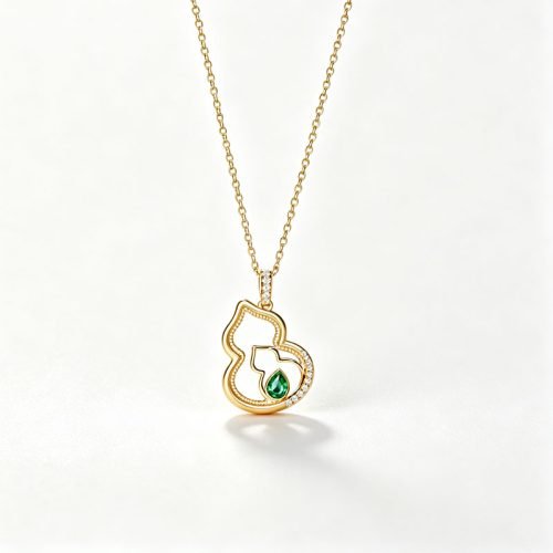 18K Gold Oriental Double Gourd Necklace,0.30ct Pear‑Shape Emerald With 0.10ct Diamonds For Daily Wear