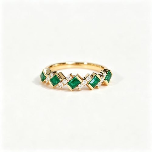18K gold slim stackable ring with 0.5ct baguette emerald and 0.1ct diamond, women fine jewelry solo wear