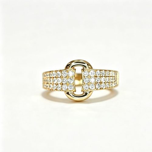 Bold 18K gold buckle‑style ring paved with 0.5ct total natural diamonds. Eye‑catching vintage‑modern design for everyday & party wear.