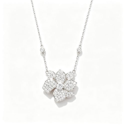 Diamond Flower Pendant Necklace, 0.35ct Total Pave‑Set Sparkling Floral Statement Jewelry for Women, 18K White Gold