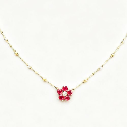 Ruby Flower Choker Necklace for Women,1.2ct Main Ruby with 0.1ct TW Diamond Accent