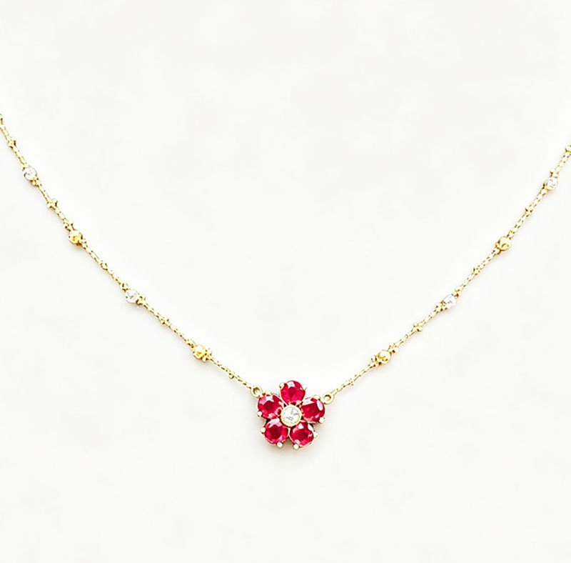 Ruby Flower Choker Necklace for Women,1.2ct Main Ruby with 0.1ct TW Diamond Accent