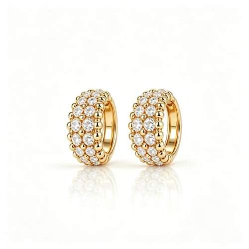 Vintage Beaded‑Gold 2‑Piece Jewelry Set, Diamond Huggie Earrings & Wide Band Ring for Women, for Dinner Party & Anniversary