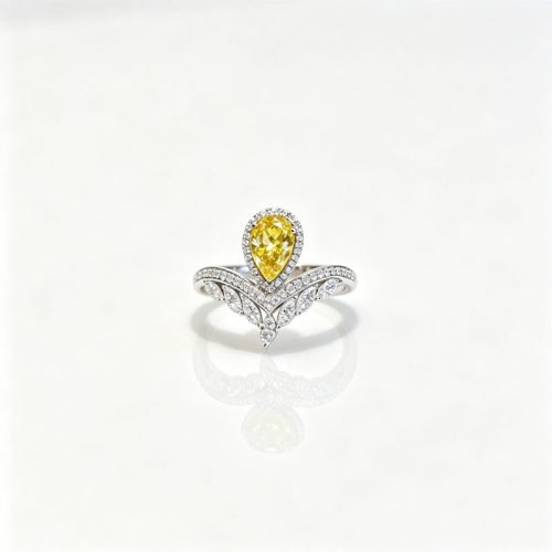 Pt950 Platinum 1ct Pear Fancy Yellow Lab Grown Diamond Ring,Cinderella Fairy Tale Wing Statement Ring