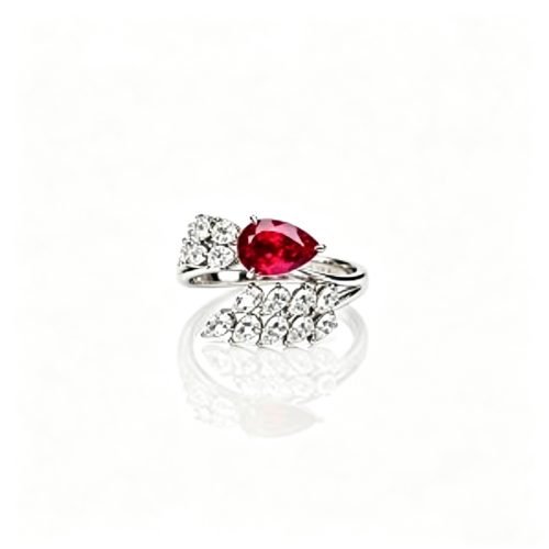 18K Gold Lab‑Grown Ruby Teardrop Wing Ring,1.8ct Main Stone 1.4ct Lab Diamond, Open‑Style Ring for Dinner & Christmas