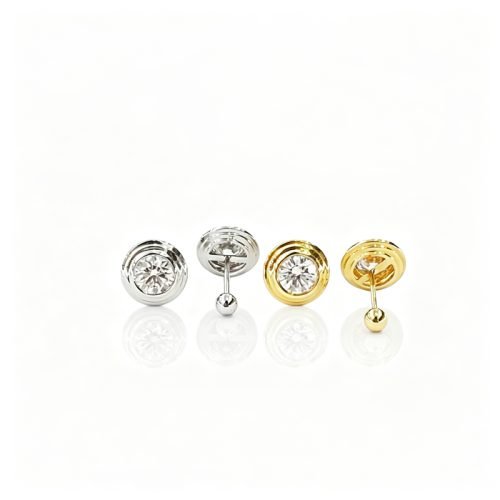 18K Gold Lab‑Grown White Diamond UFO Screw Back Stud Earrings, 1.00ct Total Pair, Minimalist Round Bezel‑Set Daily Wear Earrings