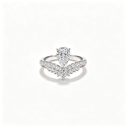 Unique V-crown double lace platinum ring with 1.5CT pear-cut lab-grown diamond. Elegant design for engagement and proposal.