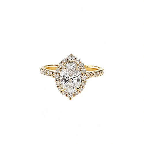 18K Gold Oval Lab‑Grown White Diamond Halo Ring, 1.00ct Center Stone 0.50ct Side Stones, Engagement & Anniversary Ring
