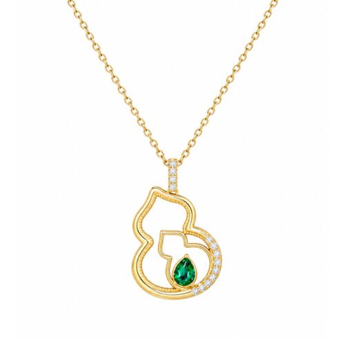 18K Gold Oriental Double Gourd Necklace,0.30ct Pear‑Shape Emerald With 0.10ct Diamonds For Daily Wear