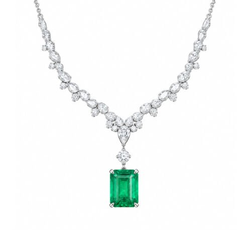 4.00ct green emerald diamond necklace with pear shaped diamond chain