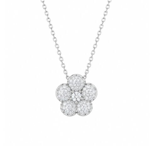 Crafted in 18K gold with natural diamonds, this camellia-inspired collection features a 0.60ct necklace, 0.60ct earrings, and 0.65ct ring.