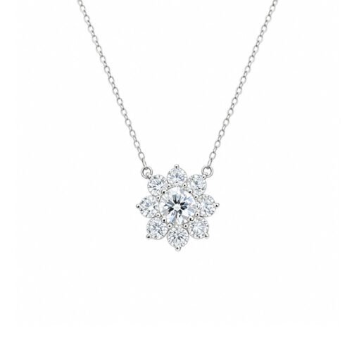18K Gold 1.30ct Lab‑Grown Diamond Sun‑Flower Necklace | Double Halo Pendant Gift for Girlfriend