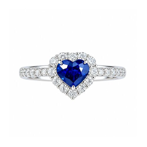 18K Gold 1.10ct Heart‑Cut Unheated Royal Blue Sapphire Ring, Lab‑Grown Diamond Halo for Date & Dinner