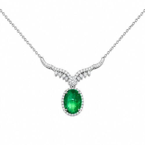 Luxury Pt950 platinum necklace featuring 9.40ct vivid green cabochon emerald & 0.40ct lab‑grown diamonds, ideal for banquet and gifting.