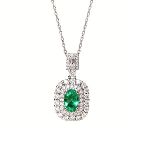 Zambian Natural Emerald Jewelry Set, Oval Emerald Pendant Necklace & Double Halo Diamond Ring, Fine Gemstone Suite for Women
