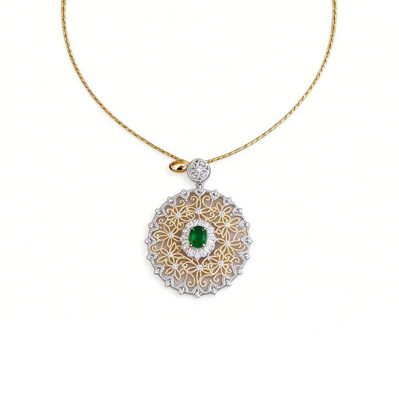18K gold emerald diamond filigree pendant with vintage lace inspired luxury design