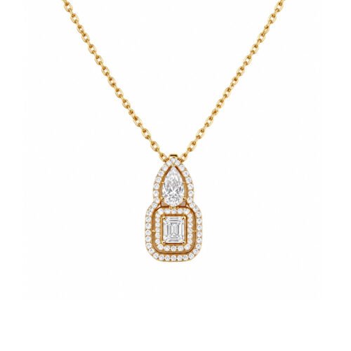 Luxury 18K Gold Ice Candy Cut Diamond Necklace, Double Halo Pear & Baguette Diamond Gourd Pendant